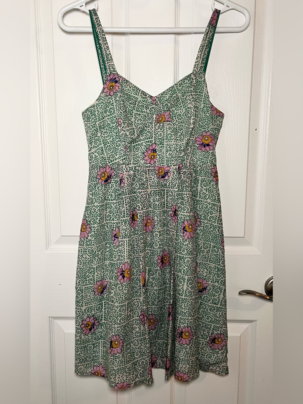 Green Floral Mini Sundress with Pink Blooms